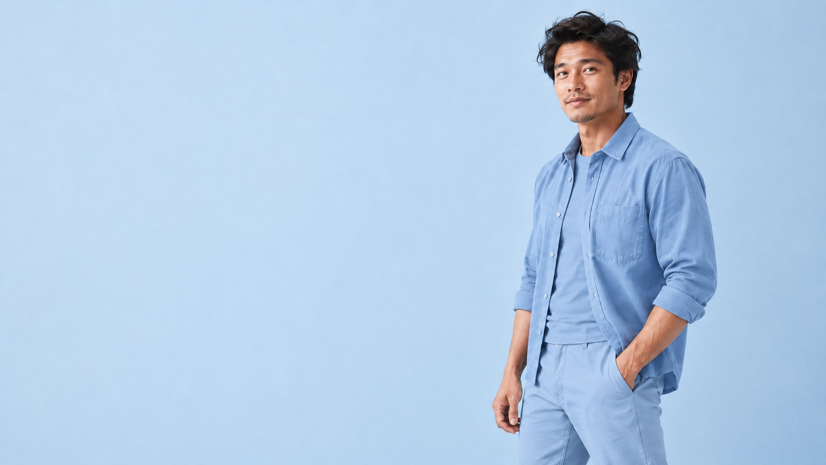 Entrepreneur in blue clothing against a lighter matching pastel backdrop, with fine film grain