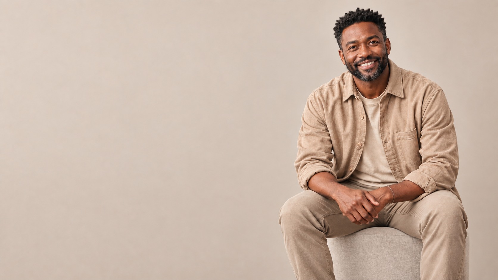 Entrepreneur in beige clothing against a lighter matching pastel backdrop, with fine film grain