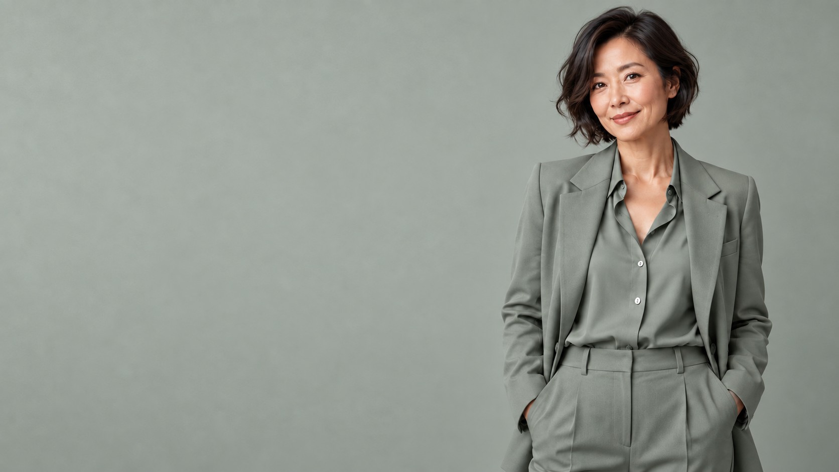 Entrepreneur in a greyish green suit against a lighter matching studio backdrop, with fine film grain