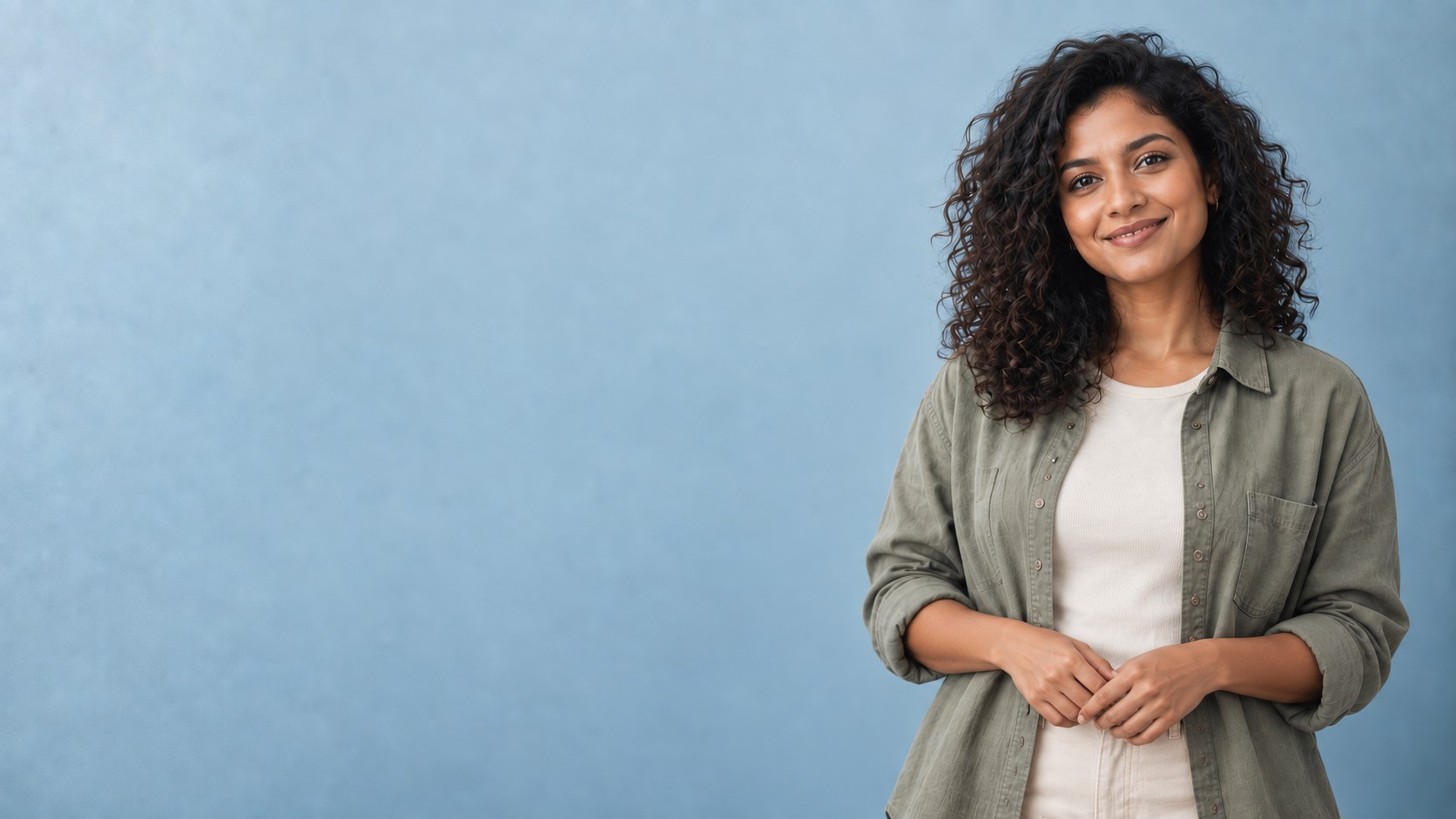 Smiling woman in neutral clothing against a soft blue studio backdrop